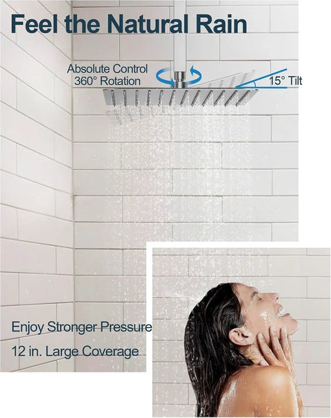 GRANDJOY 12" Ceiling Shower System with Handheld Spray, Brushed Nickel features an adjustable 12" rainfall head.