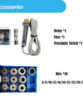 Accessories for Badass Electric Hydraulic Hose Crimper including relay, fuse, proximity switch, and 10 dies for multiple sizes.