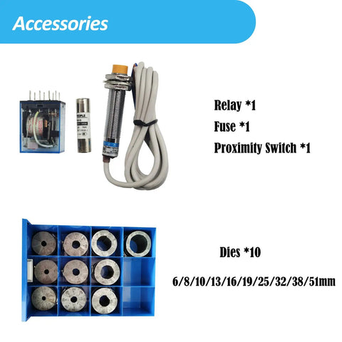 Accessories for Badass Electric Hydraulic Hose Crimper including relay, fuse, proximity switch, and 10 dies for multiple sizes.