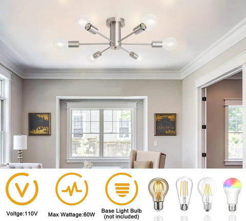 Dope Six Light Sputnik Style Ceiling Fixture In Brushed Nickel Finish For Kitchen Islands, Dining Room, Bedroom And Hallway