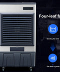 Heavy Duty Portable Evaporative Air Cooler With Three Speed Settings And Built In Water Tank For Garage Or Workshop. Front view with four-leaf fan and control panel.