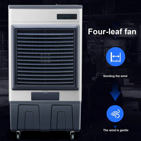 Heavy Duty Portable Evaporative Air Cooler With Three Speed Settings And Built In Water Tank For Garage Or Workshop. Front view with four-leaf fan and control panel.