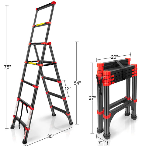 Lightweight Aluminum Telescoping A-Frame Ladder 5 Ft Portable Multi-Purpose Folding Step Ladder With Non Slip Cap And 330 LB Load Capacity