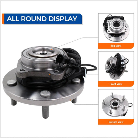 Front Wheel Hub Bearing Assembly With ABS For 2008-2016 Chrysler Town And Country, 2008-2014 Dodge Grand Caravan, And 2009-2014 VW Routan, 5 Lug Design, Easy Install, Durable Replacement, all round display with top, front, bottom views.