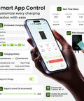 Smart App Control for Plug And Play 40 Amp Level Two EV Charger Nema 14 50p 9.6kW J1772 Home Charging Station displayed on smartphone.