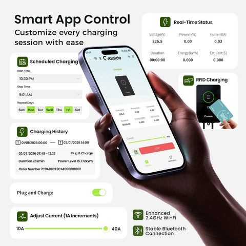 Smart App Control for Plug And Play 40 Amp Level Two EV Charger Nema 14 50p 9.6kW J1772 Home Charging Station displayed on smartphone.