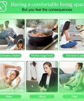 Image showing scenarios like family time, cooking, pet interaction, sleeping, working, and yoga emphasizing indoor air quality.
