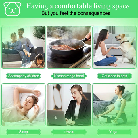 Collage showing various home activities affected by indoor air quality including cooking, pet care, family time, sleep, work, and yoga.