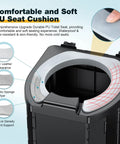 No Sweat Heavy Duty Portable Camping Toilet With Upgrade Soft Seat Cushion And Splash Guard Easy Fold Outdoors Potty Detachable Paper Holder 500 Pound Capacity Van Life Essential showing the PU toilet seat cushion and details.