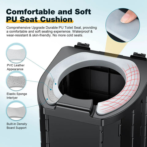 No Sweat Heavy Duty Portable Camping Toilet With Upgrade Soft Seat Cushion And Splash Guard Easy Fold Outdoors Potty Detachable Paper Holder 500 Pound Capacity Van Life Essential showing the PU toilet seat cushion and details.