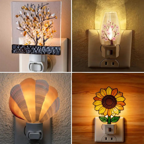 Various night light designs including tree, vase, shell, and sunflower. Suitable for 7 Watt Night Light Bulbs For Salt Lamps Replacement.