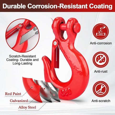 G80 Clevis Slip Hook With Safety Latch One Quarter Inch Chain Hooks, red with corrosion-resistant coating and anti-rust protection.
