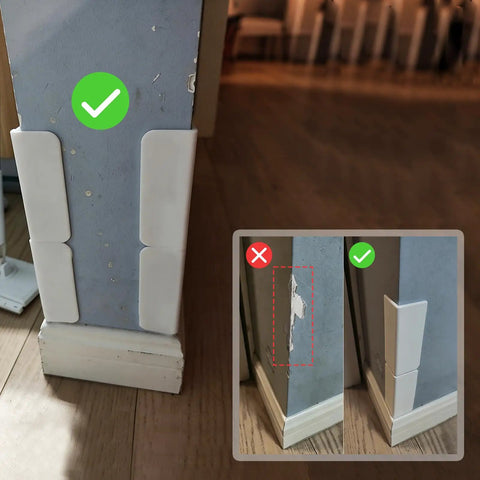 White Rubber Corner Protectors Self Adhesive Baseboard Guards applied on wall corner, showcasing protection against damage.