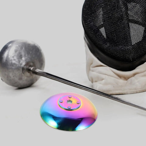 Colorful Fencing Guard For Foil Protection And Training Comfort pictured with fencing mask and foil; lightweight hand guard.