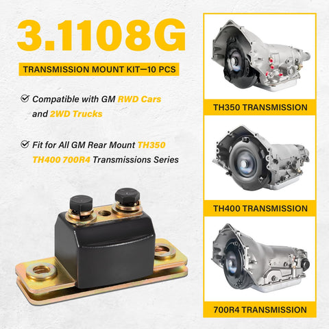 Beefy Heavy Duty Transmission Mount Bracket Kit For GM RWD Cars And 2WD Trucks Chevy Turbo Ready Replacement For TH350 TH400 And 700R4 Trans Mount Dampens Vibration Without Slacking Built Rugged For Street Easy Install. 10-piece black steel mount kit for TH350 TH400 700R4