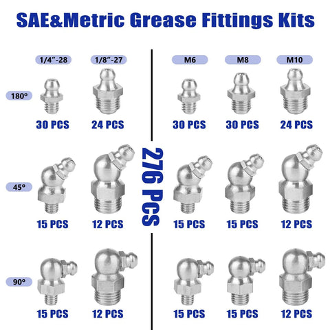 Heavy Duty 276 Piece SAE And Metric Grease Fittings Kit With One Quarter Inch And One Eighth Inch Fittings M6 M8 M10
