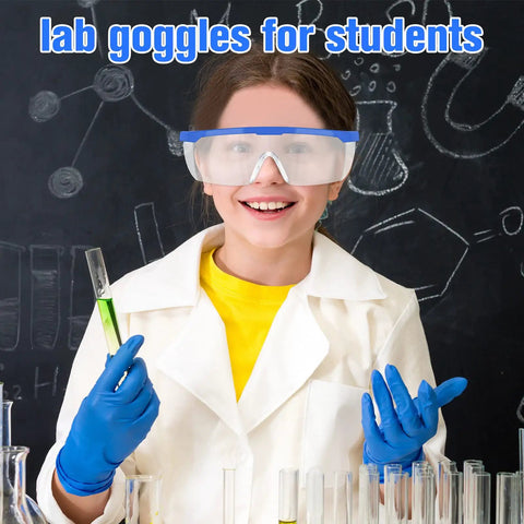 Young student in lab coat wearing 20 Pack Safety Goggles For Glasses Wearers, Anti Fog Lab Goggles With Scratch Resistant Shield