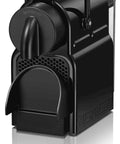Compact Black Espresso Machine With 19 Bar High Pressure Pump and Quick 25 Second Preheat,front view with open pod tray.