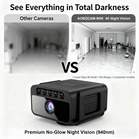 Comparison image showing AOBOCAM-W06 4K Hidden Indoor WiFi Mini Spy Camera With Cloud Storage versus other cameras in darkness.