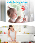 Child beside door with Door Window Alarm System With 120 Decibel Loud Chime Easy Stick On Mount White Home Safety Alarm For Kids Detects Entry Up To 750 Feet Ideal For Doors And Windows No Drills Required