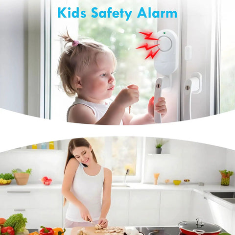 Child beside door with Door Window Alarm System With 120 Decibel Loud Chime Easy Stick On Mount White Home Safety Alarm For Kids Detects Entry Up To 750 Feet Ideal For Doors And Windows No Drills Required