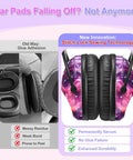 Kids noise canceling headphones ear protection for autism sensory safe hearing protection for monster trucks concerts air shows showing new Stitch-Lock technology on nebula design ear pads.