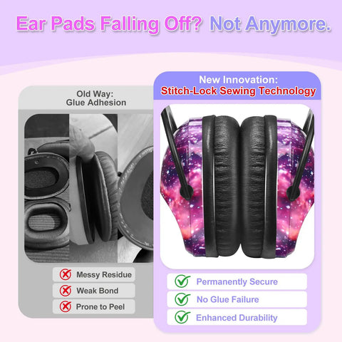 Kids noise canceling headphones ear protection for autism sensory safe hearing protection for monster trucks concerts air shows showing new Stitch-Lock technology on nebula design ear pads.