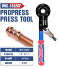 Heavy Duty Copper Pipe Press Tool Kit For 1/2 Inch And 3/4 Inch Viegas Propress Fittings Includes Socket Wrench And Cutters Compact Design With Led Light For Easy Access In Tight Spaces Perfect For Hvac Pros, showing tool model IWS-1632CF and copper pipe fitting.