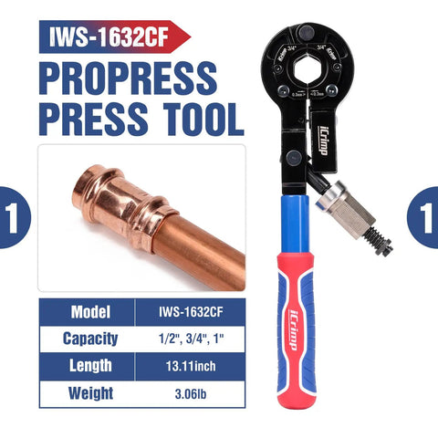 Heavy Duty Copper Pipe Press Tool Kit For 1/2 Inch And 3/4 Inch Viegas Propress Fittings Includes Socket Wrench And Cutters Compact Design With Led Light For Easy Access In Tight Spaces Perfect For Hvac Pros, showing tool model IWS-1632CF and copper pipe fitting.