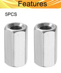 Real Deal Five Pcs M8 Hex Coupling Nuts Featuring 1.25 Metric Thread Pitch And Compact 24MM Length Crafted From Top Notch 304 Stainless Steel, showing two nuts with hexagonal shape.