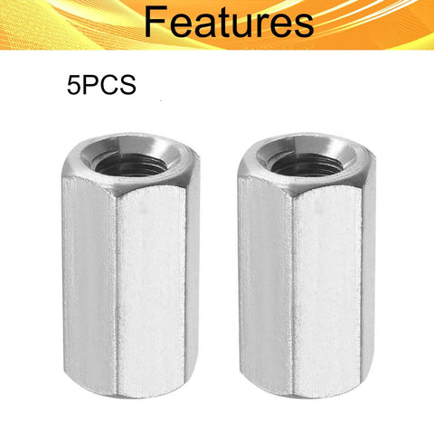 Real Deal Five Pcs M8 Hex Coupling Nuts Featuring 1.25 Metric Thread Pitch And Compact 24MM Length Crafted From Top Notch 304 Stainless Steel, showing two nuts with hexagonal shape.