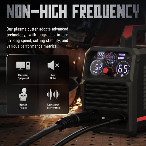 All In One 65 Amp Plasma Cutter Dual Voltage 110V 220V Non HF Non Touch Pilot Arc close-up showing control panel with settings