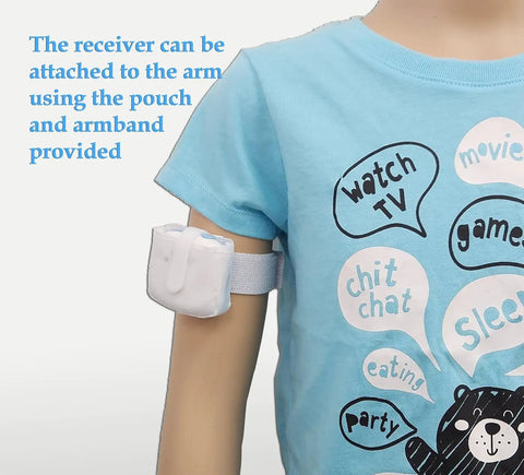 No Fuss Wireless Bedwetting Alarm With New Sensor, Six Sounds, Adjustable Volume, Strong Vibration, Compact Receiver, Kid Friendly Clip Sensor And Easy Setup For Nighttime Confidence And Overnight Dry, receiver on child's arm