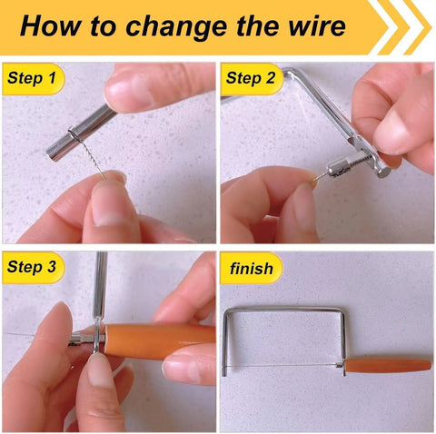 Step by step guide for changing the wire of the 7.5 Inch Badass Cheese Slicer Kit Stainless Steel Wire Cutter With Wood Handle.