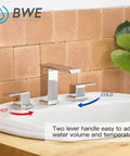 Waterfall Widespread Bathroom Faucet Chrome 3 Hole 2 Handle Vanity Sink Mixer Tap With Pop Up Drain Overflow And Supply Lines Square Slick Modern Design For Any Bathroom Decor displayed on a white sink with hot and cold indicators.