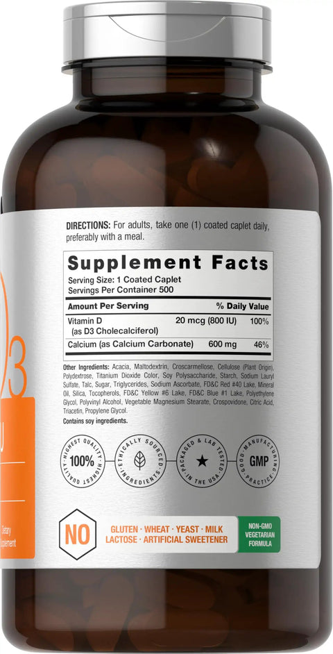 Calcium 600 Mg With Vitamin D3 Coated Caplets for Women and Men, Vegetarian, Non GMO Gluten Free Supplement, 500 Caplets label