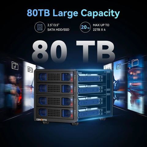 Super Solid Four Bay Hard Drive Enclosure With Built In Cooling Fan For 2.5 And 3.5 Inch Sata Ssd Or Hdd, showcasing 80TB capacity and sleek design.