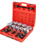Universal Press And Pull Sleeve Kit For Wheel Bearings And Suspension Bushings, 27 Piece Tool Set with 22 adapters in red case