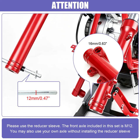 Beefed Up Mini Bike Front Suspension Forks Kit For Coleman CT200U installation details with 16mm bracket and 12mm axle