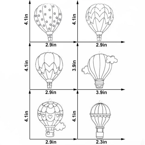 6 designs of 30 Set Hot Air Balloon Sun Catcher Craft Kit For DIY Window Art Easy Setup Family Fun Kid Friendly, sizes labeled