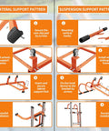 Installation guide for Two In One Ladder Stabilizer For Roof Access with horizontal and vertical ridge extensions and rubber grip.