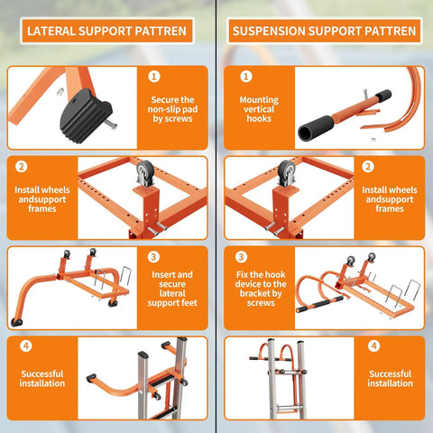 Installation guide for Two In One Ladder Stabilizer For Roof Access with horizontal and vertical ridge extensions and rubber grip.