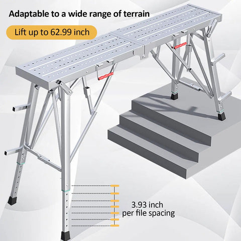 Heavy Duty Portable Scaffolding And Adjustable Work Platform With Rock Solid Stability And Zero Sweat Folding Setup For Ace Ceiling Jobs Car Cleans Or Home Repairs Up To Eight Hundred Pounds Max Load, shown in adjustable position next to stairs.