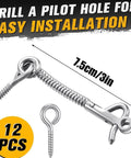 Stainless Steel Gate Latch Kit With Hook And Eye Fasteners, 12-Piece Outdoor Privacy Security Hardware shown with dimensions.