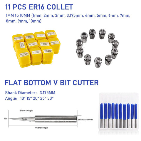 CNC Beast Brushless Spindle Motor Kit 600W ER16 48V DC shown with 11-piece ER16 collet set and flat bottom V bit cutters.