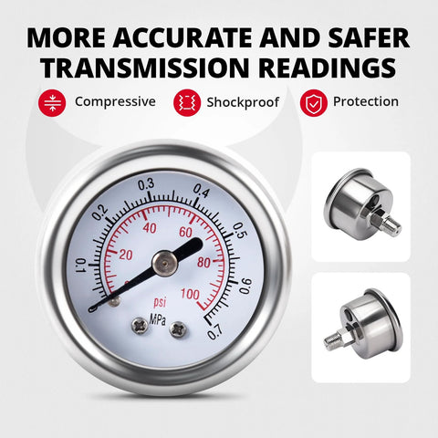 Front view of a stainless steel automotive fuel pressure regulator with dial gauge; insets show side and close-up regulator fittings.