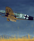 Messerschmitt Bf 109 1/32 Scale German Fighter Model Kit Unassembled in flight simulation with scenic backdrop