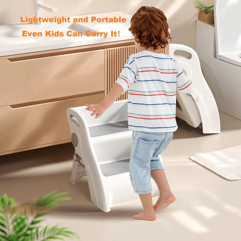 Foldable Toddler Step Stool For Bathroom Sink, Rock Solid Non Slip Footrest With Secure Handles, Bpa Free Thick Plastic And No Fuss Quick Fold Storage For Little Helpers At Home, child using step stool in bathroom.