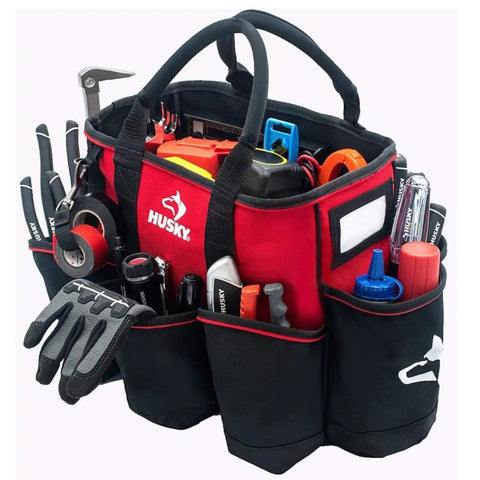Heavy Duty 14 Inch Supply Bag With Rugged Construction And Water Resistant Exterior filled with tools