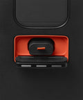 Close-up of Portable Party Speaker With Foldable Handle and Pro Sound, Club 120 rear control compartment, black and orange accents.